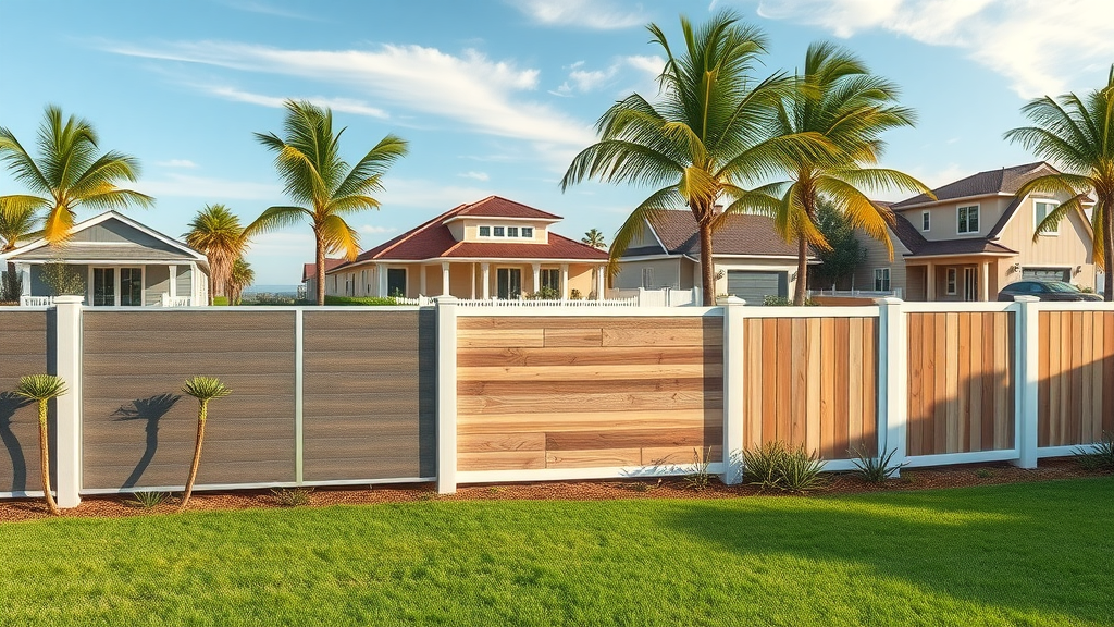 Neighborhood panorama showing homes with aluminum wood and PVC fences