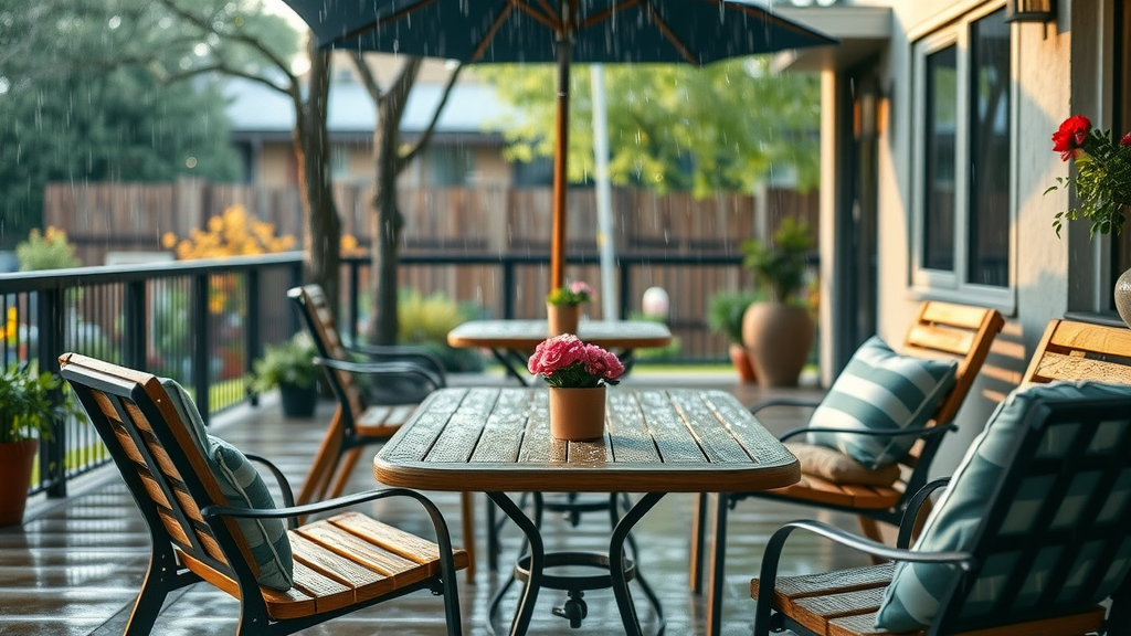 outdoor furniture enduring rain and sun, showing durability of teak, metal, and resin wicker conversation sets and lounge chairs