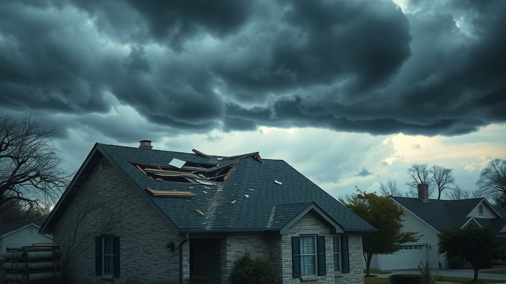 Severe storm damage roof replacement in progress for a suburban home