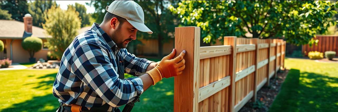 Redwood fence builder in San Ramon, California constructing fence in backyard.