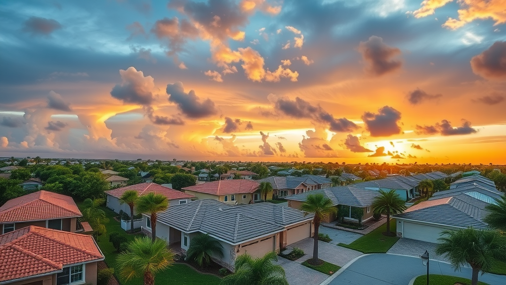 Southwest Florida neighborhood with durable roofs at sunset after storm