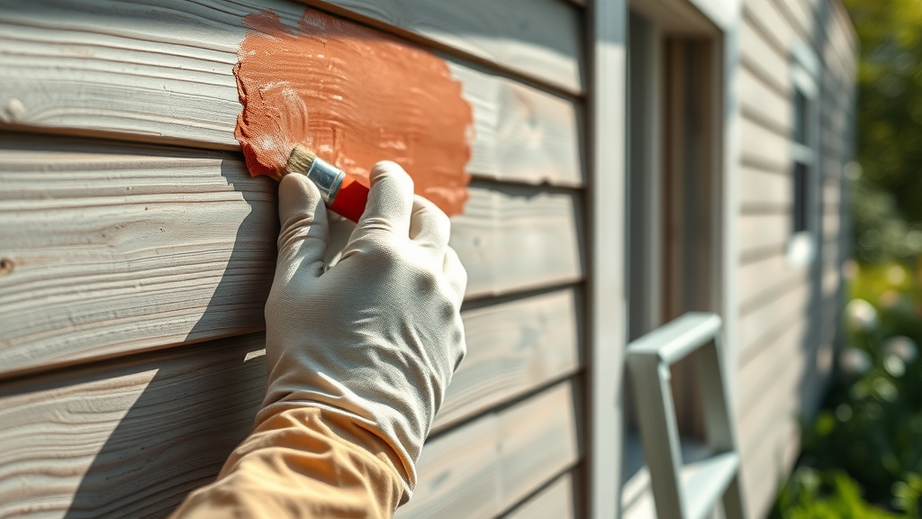 Expert hand applying exterior house paint with rich color and precision
