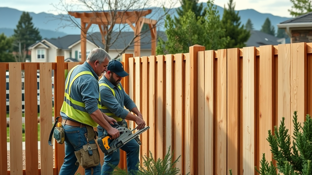 Skilled fencing contractors installing a wooden fence near Newbury Park, CA