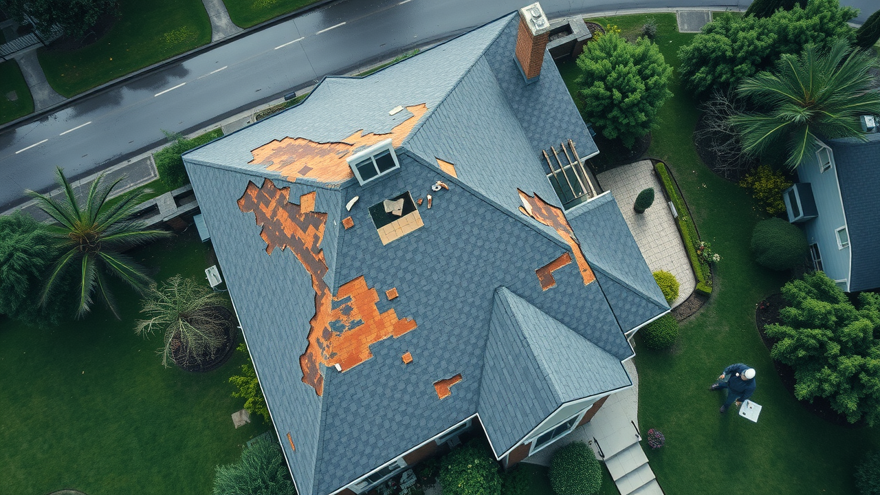 Aerial roof inspection after storm with signs of roof storm damage repair