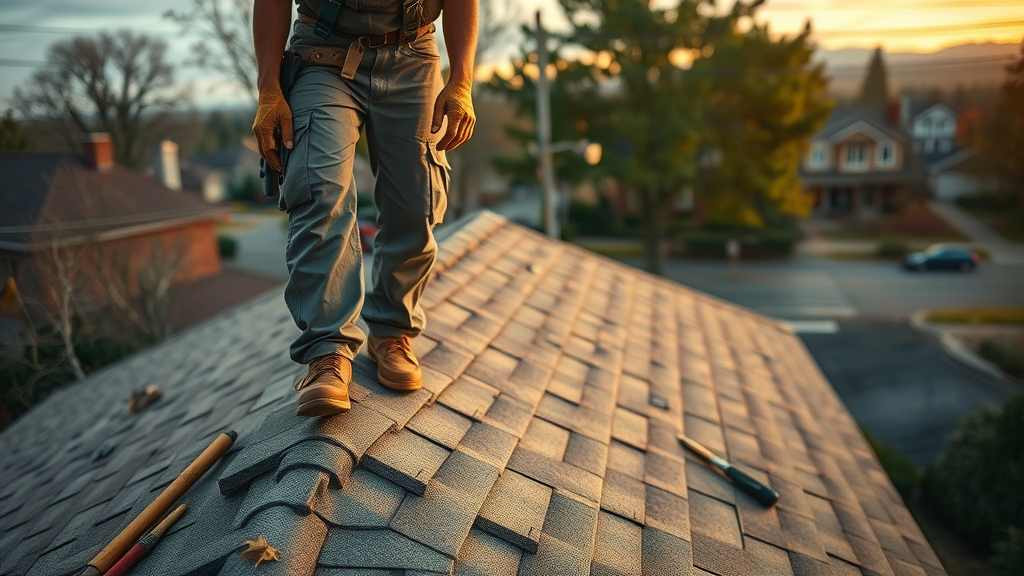 Trusted Portland Oregon roofing contractor repairs shingles at sunset