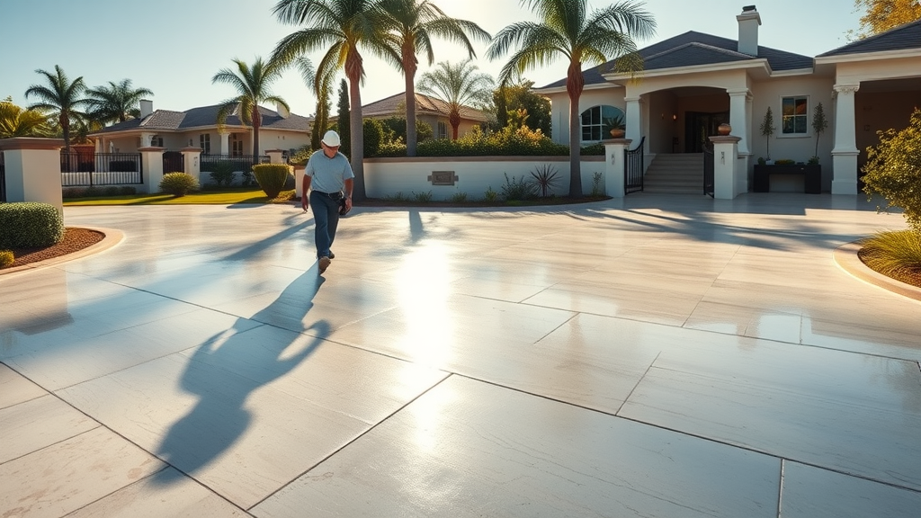 Polished concrete driveway and contractor at Newport Beach luxury home