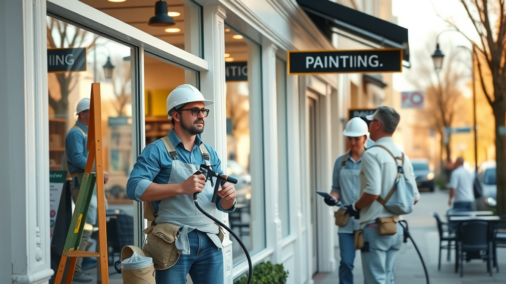 Commercial painting contractors revitalizing a retail storefront exterior
