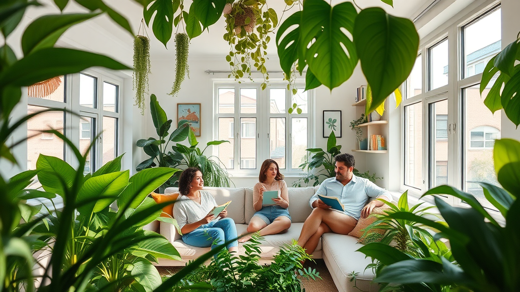 Vibrant indoor living room filled with lush house plants, cheerful atmosphere, people relaxing and reading, indoor plants, modern home interior with large windows and plenty of natural light, sunlight casting gentle shadows on leaves