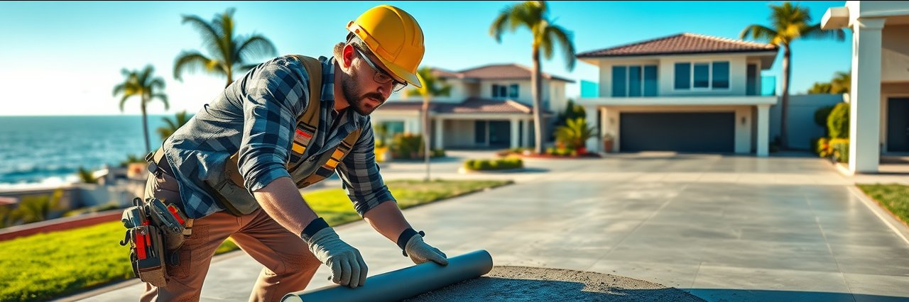 Concrete contractor in Newport Beach California smoothing driveway with safety gear