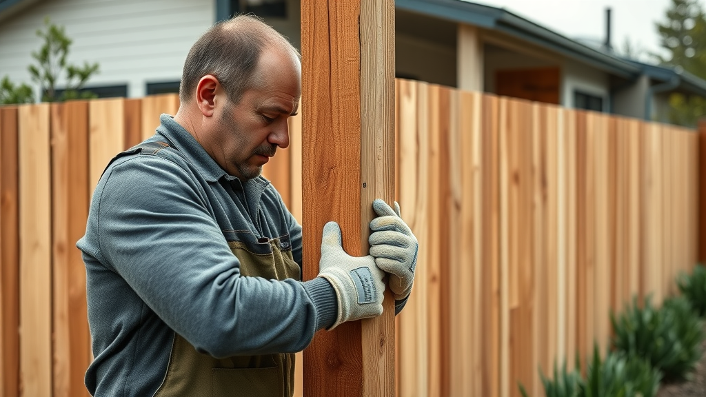 San Ramon redwood fence builder measuring and installing high-quality sustainable fence.