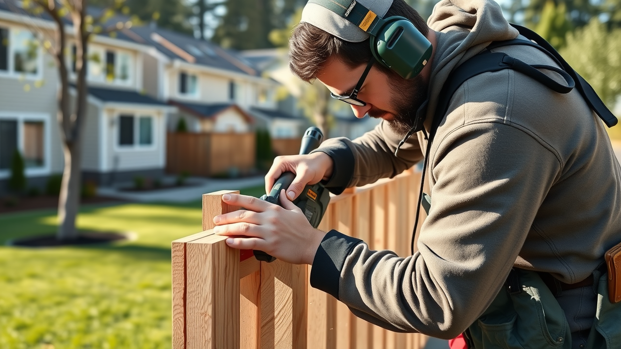 Optima Fence and Deck craftsman installing premium cedar fence on site in Mercer Island