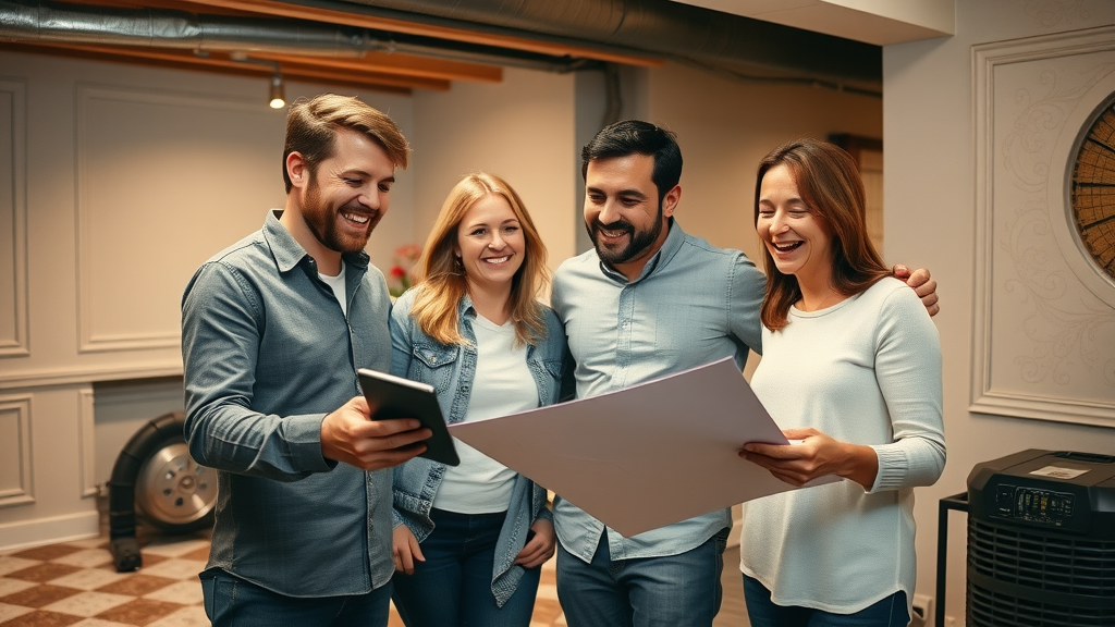 Happy family discussing basement waterproofing services Walpole, MA