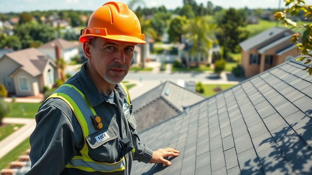 Professional home inspector performing roof inspection services on residential rooftop