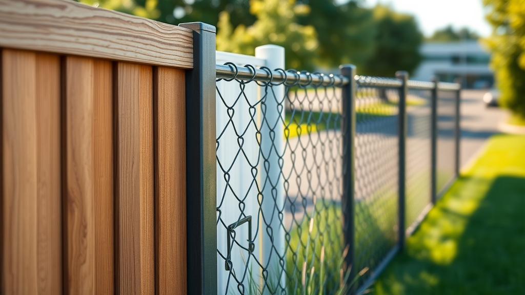 Detailed view of multiple commercial fencing solutions for business property