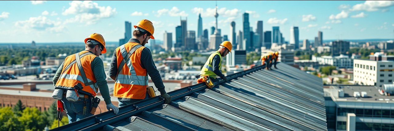 Commercial roofing contractors in Round Rock, Texas repairing an office roof, city background.