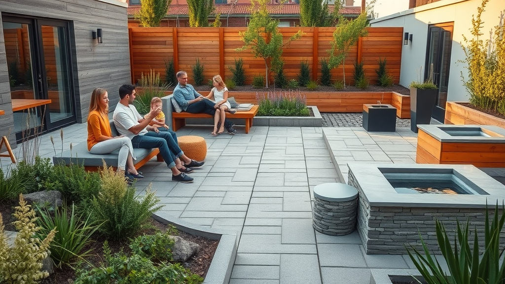 modern outdoor living area with reclaimed wood seating, permeable patio, and rain garden showcasing sustainable low-maintenance landscaping trends