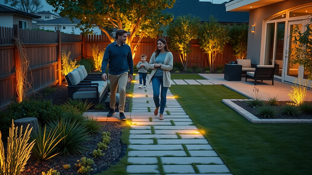 attractive sustainable garden pathway with LED lighting and permeable path in a low-maintenance landscape