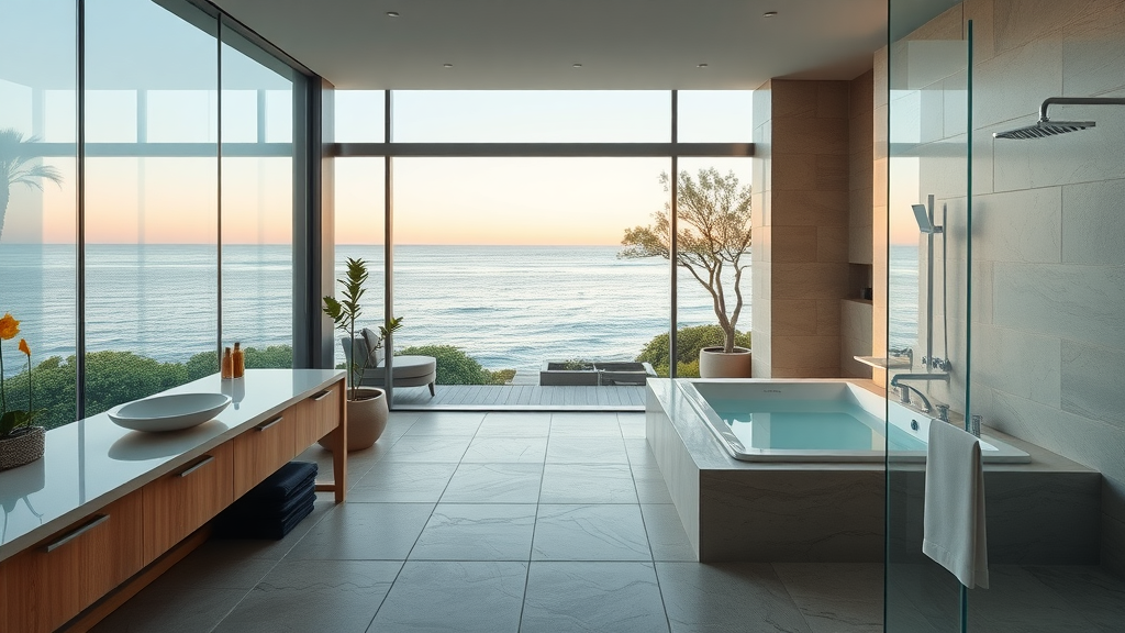 Luxury spa bathroom in Newport Beach showcasing high-end home renovation design