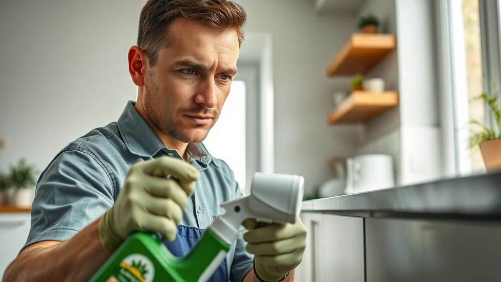 eco-friendly pest control solution setup, technician applying pest control products, green label