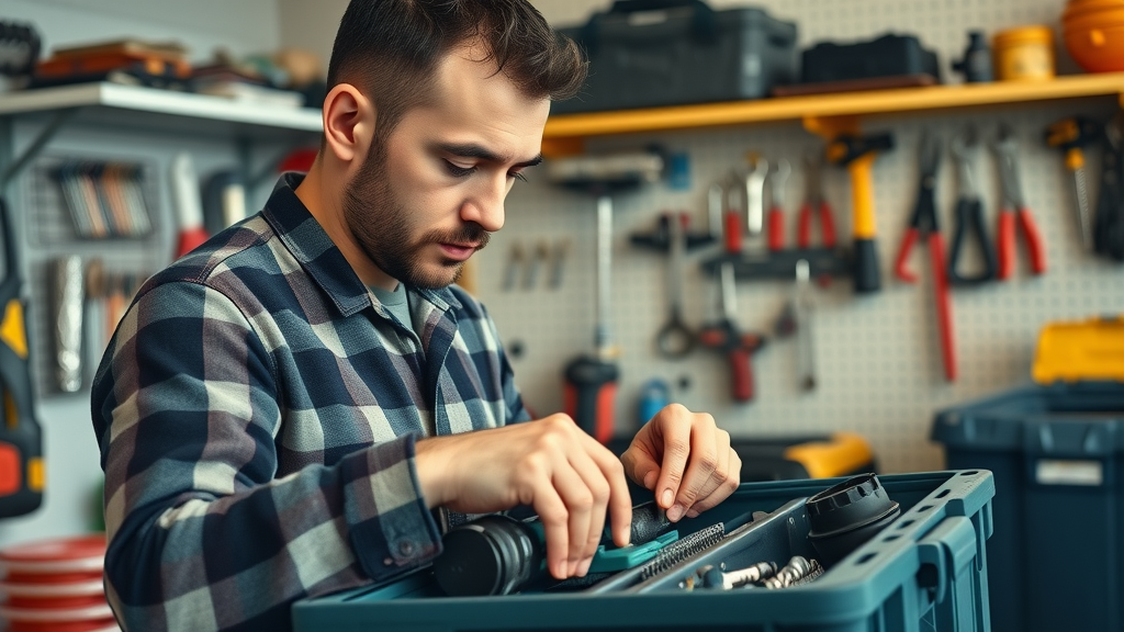 Focused homeowner checking tools for DIY home maintenance for appliances