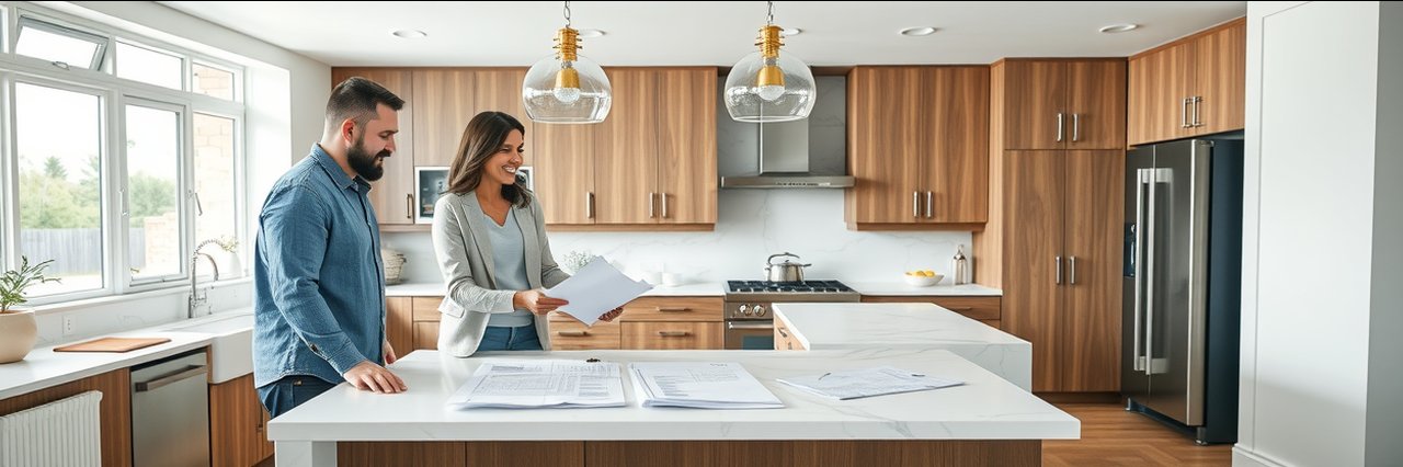 Kitchen contractors in Bellevue Washington consulting clients in modern renovated kitchen.