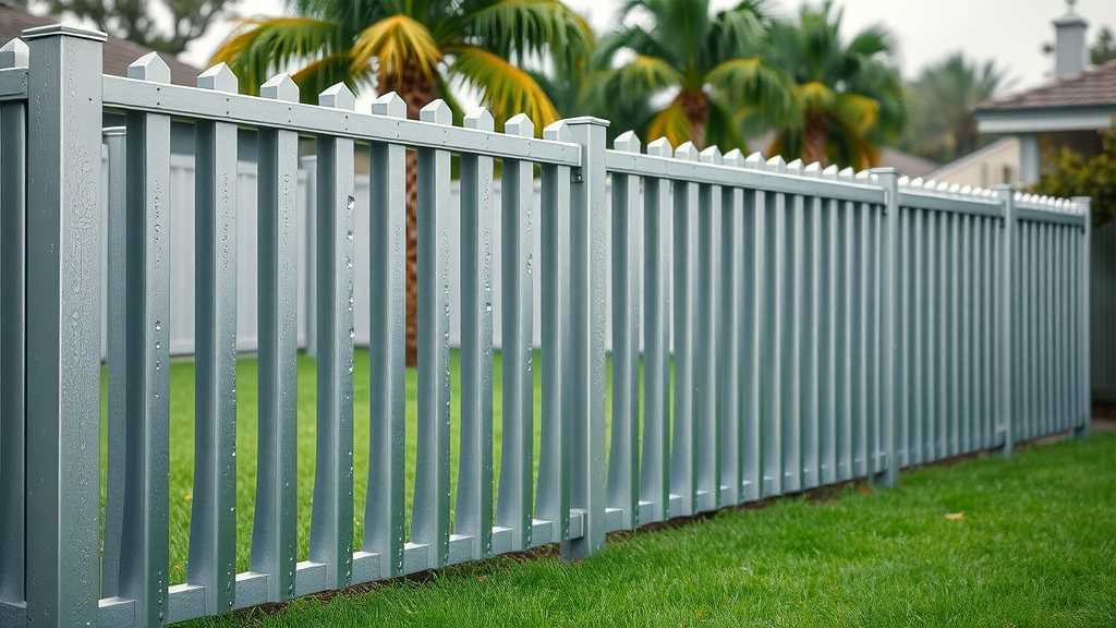 Modern aluminum fence in a lush yard, showcasing warranty-backed durability