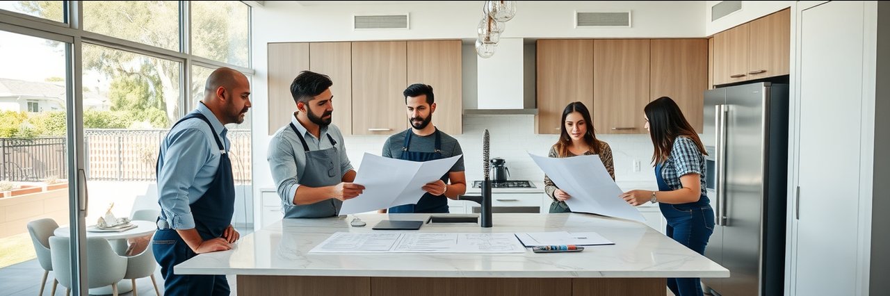 Modern kitchen remodel in Fresno by remodeling company, team working, bright space