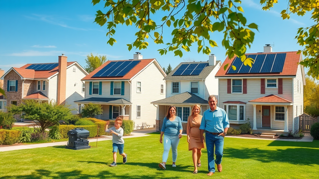 solar panels suburban neighborhood with modern home solar panels and happy homeowners