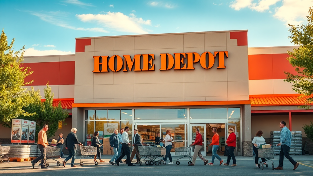 Home Depot Eugene Oregon exterior with busy welcoming entrance.