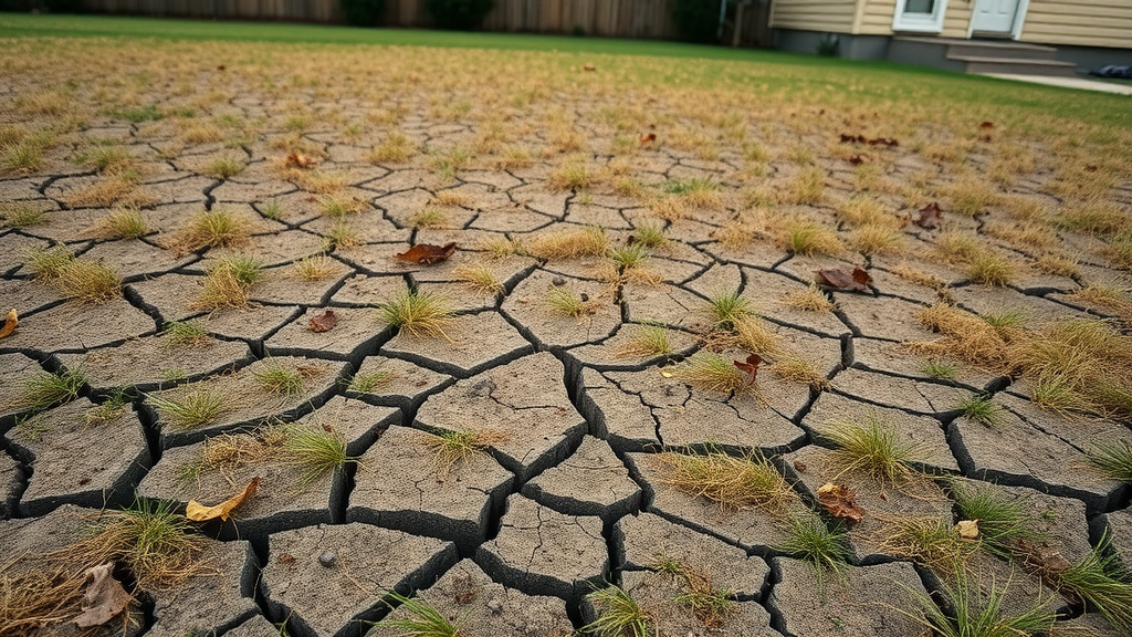 Patchy lawn with dry, compacted soil showing brown grass due to lack of aeration and poor soil condition