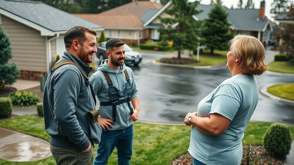 Roofer in Mill Creek Washington consulting with homeowner in lush neighborhood