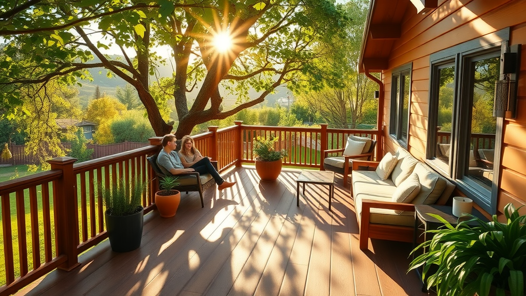 Restored redwood deck in Redwood City backyard with family relaxing outdoors.