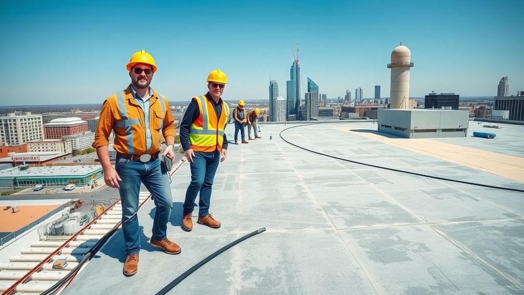 Professional commercial roofing contractors in Round Rock, Texas inspecting industrial roof