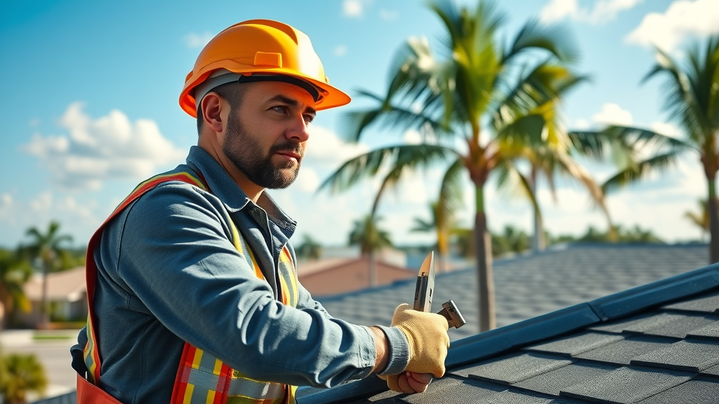 Annual roof maintenance expert inspecting Florida home roof, protecting investment.
