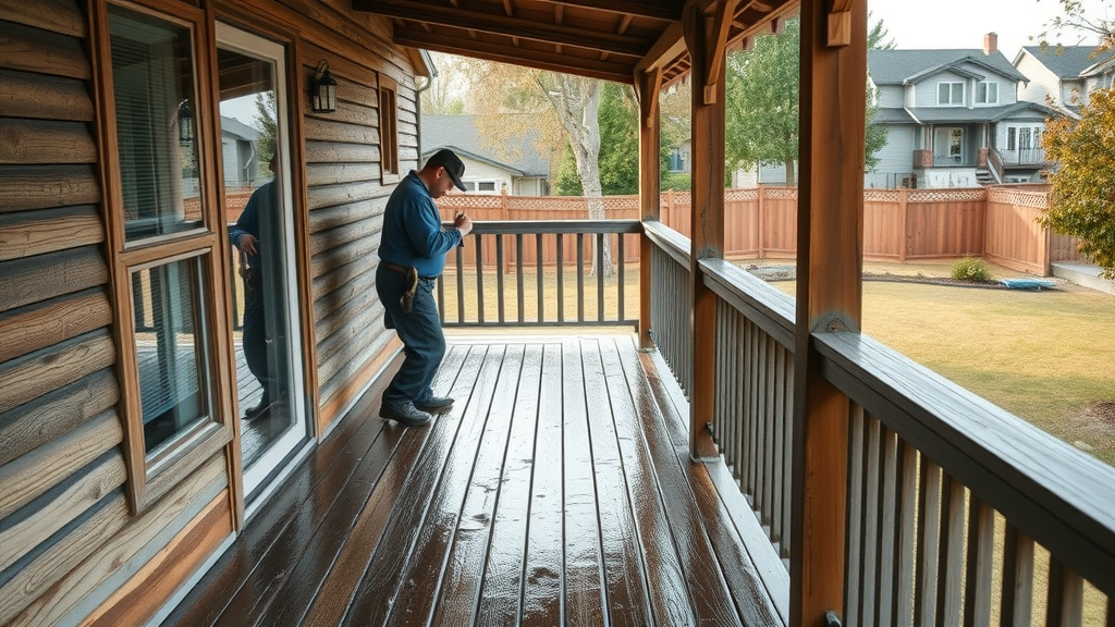 Waterproofing wooden balcony in North Highlands, California during repair.