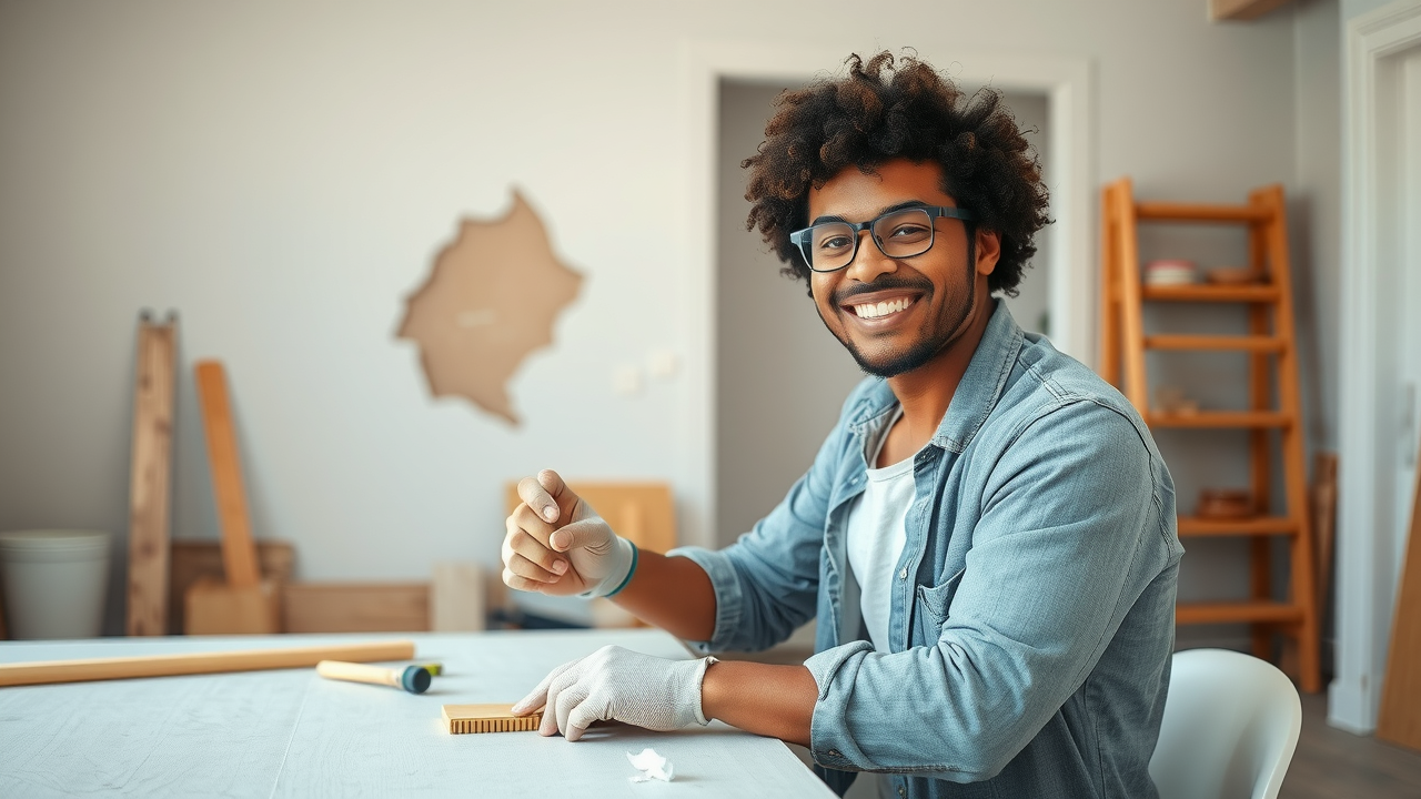 confident homeowner preparing materials to fix drywall cracks yourself in an organized workspace