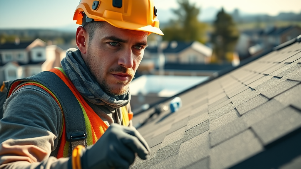 Roofer inspects shingles during residential roofing services for safety and quality