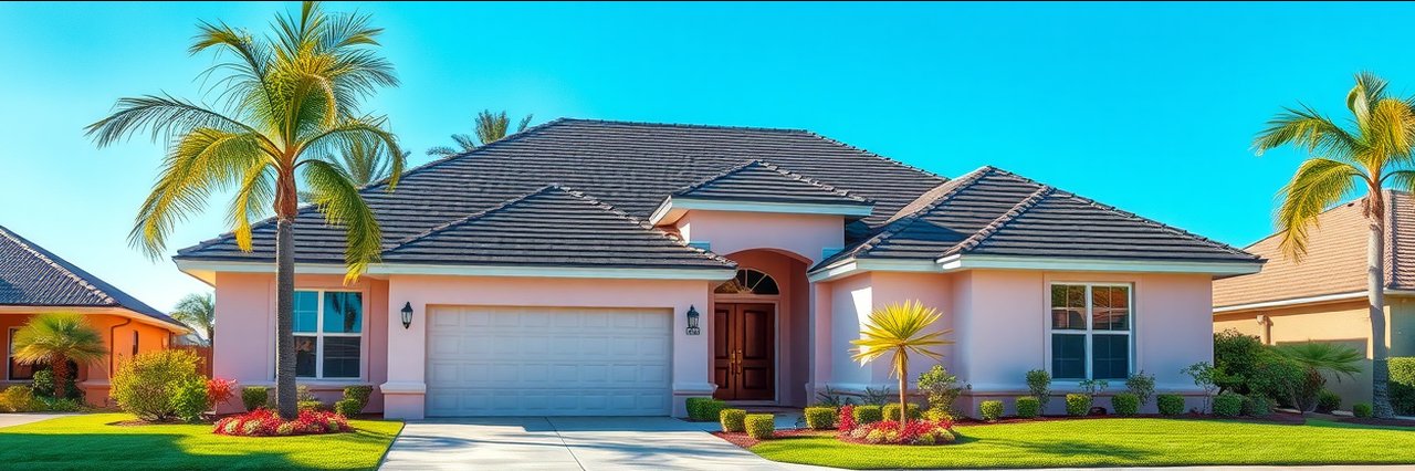 Modern home with storm damage roof replacement and fresh landscaping in sunlight