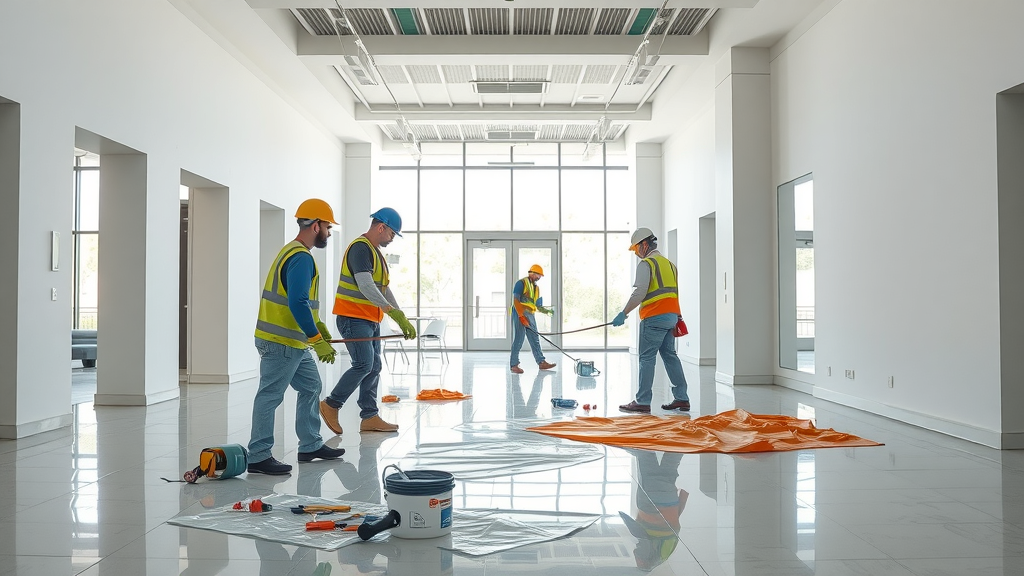 Commercial painting contractors prepping an office lobby with precision