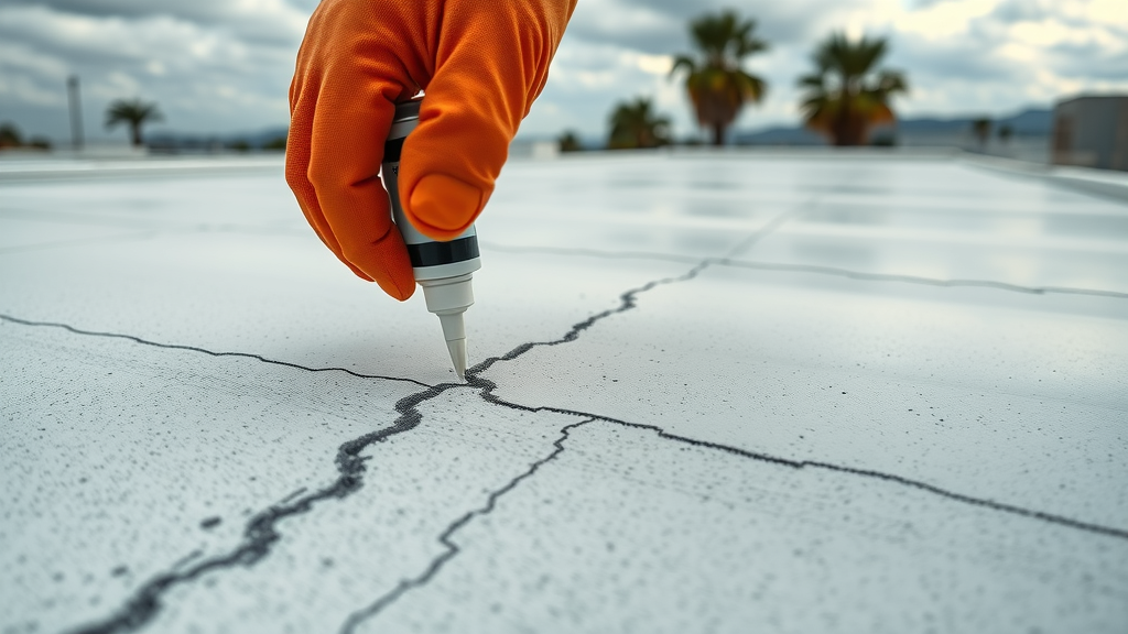 Applying sealant to flat roof crack for fast flat roof repairs