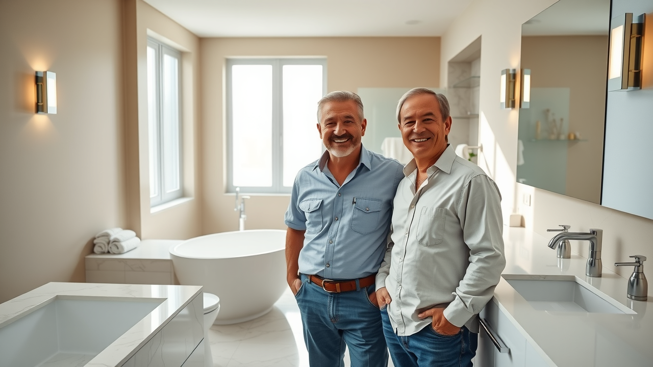 Homeowner with bathroom remodeler in Citrus Heights, happy with new renovation