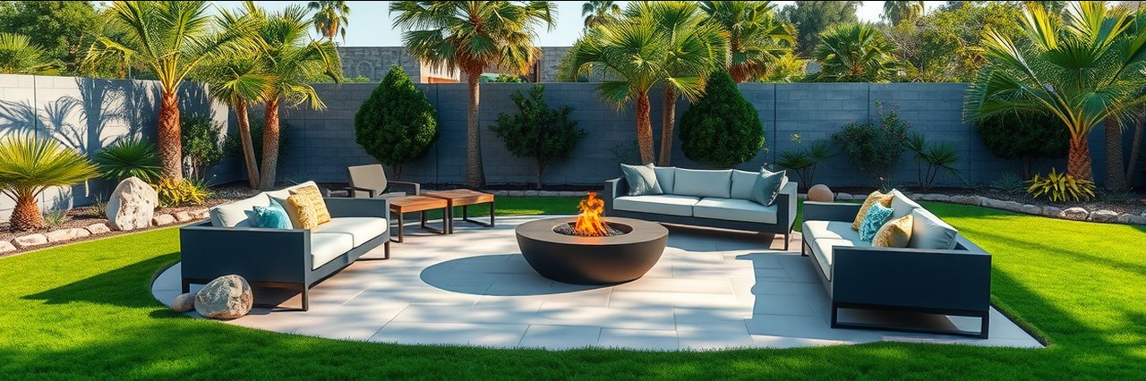 Modern backyard remodel by San Diego contractors with patio, fire pit, and landscaping.