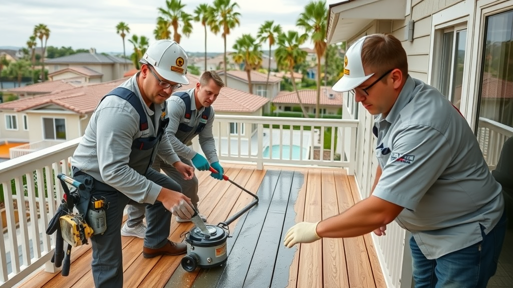 Deck waterproofing experts sealing Paramount, CA deck for long-lasting moisture protection.