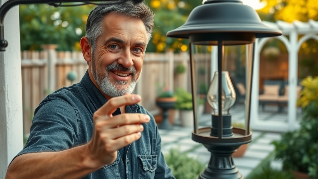 homeowner cleaning outdoor light fixture, garden lamp maintenance, weather-resistant outdoor lighting best practices