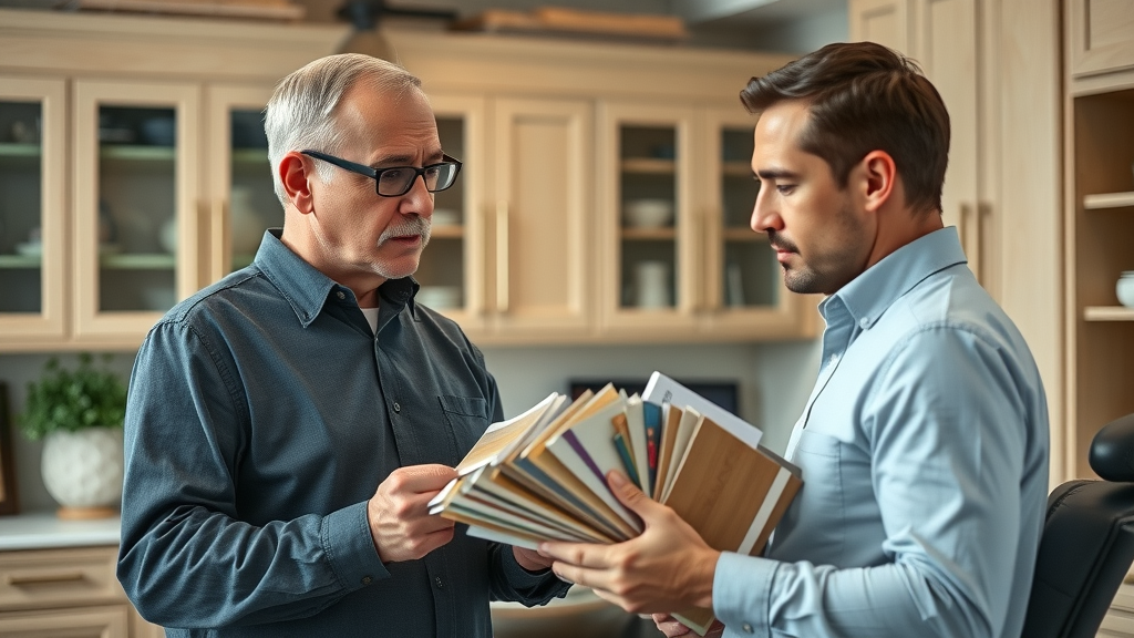 Bill Albritton consulting client with expert custom cabinetry materials samples in home office