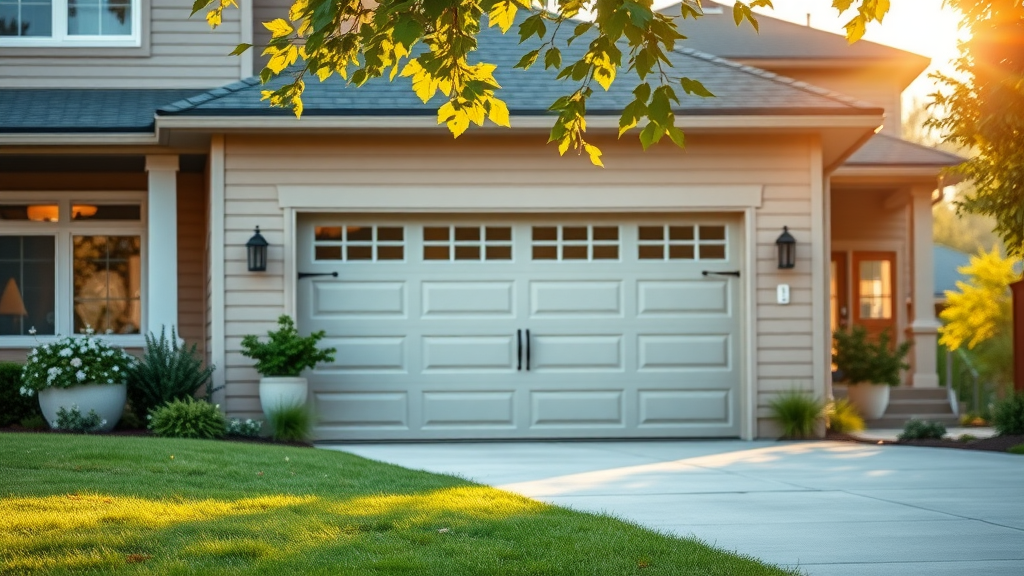 modern american suburban home exterior with well-maintained garage doors, lush green lawn and blooming garden, golden hour lighting, curb appeal