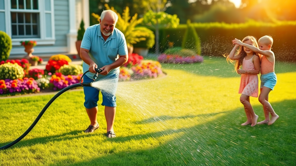 lawn care summer deep watering green lawn happy homeowner vibrant flowers sprinkler
