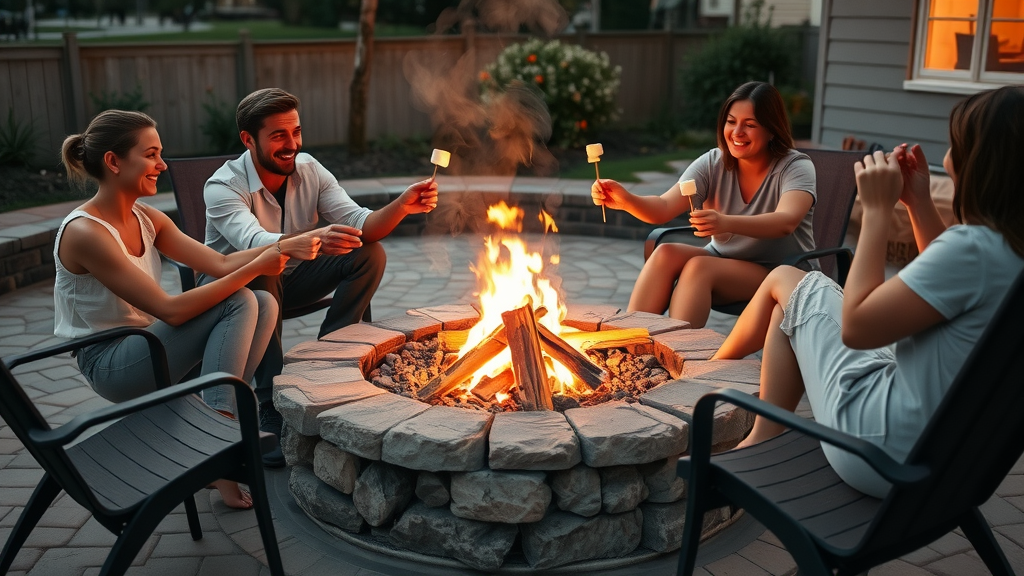 friends around fire pit in cozy outdoor living space