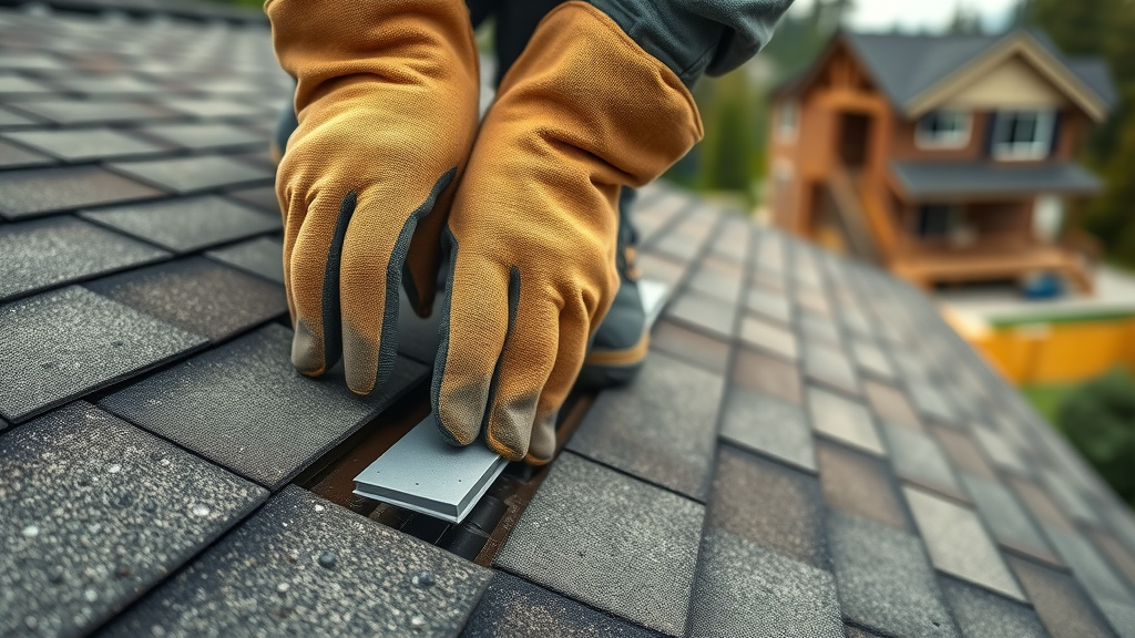 Detail of roofer sealing roof flashing in Tukwila WA, showing expert technique.