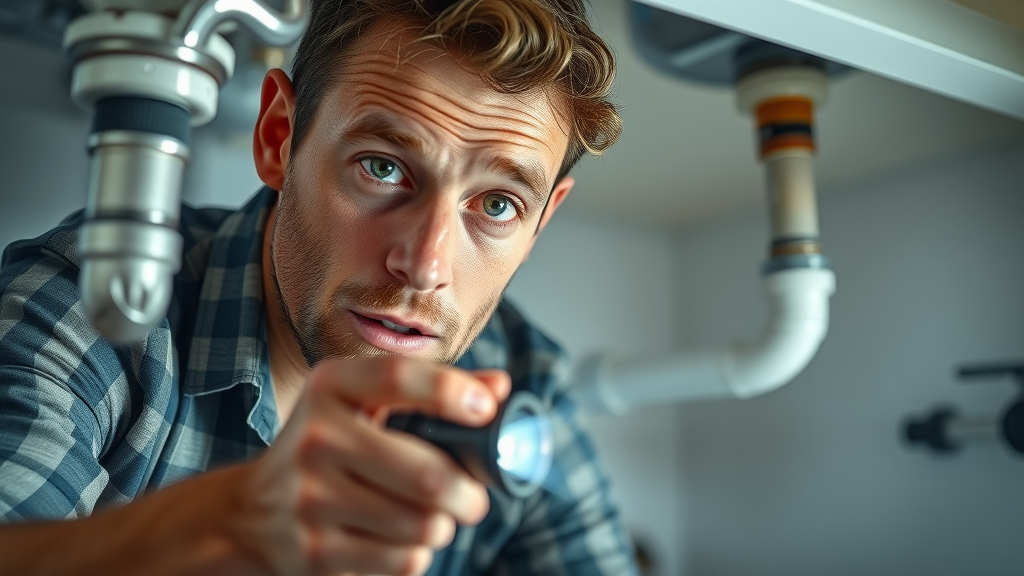 Homeowner examining a leaking pipe under a sink, diy plumbing vs professional situation